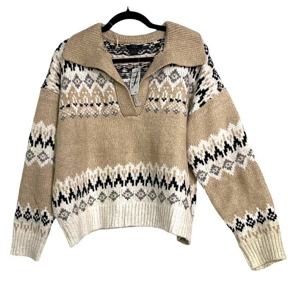 RDI Fair Isle Collared Sweater XL Beige Nordic Knit Split Neck NWT Nordstrom - Picture 7 of 10